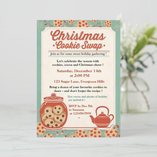 Retro Christmas Cookie Swap Teal & Red 招待状 (スタンド正面)