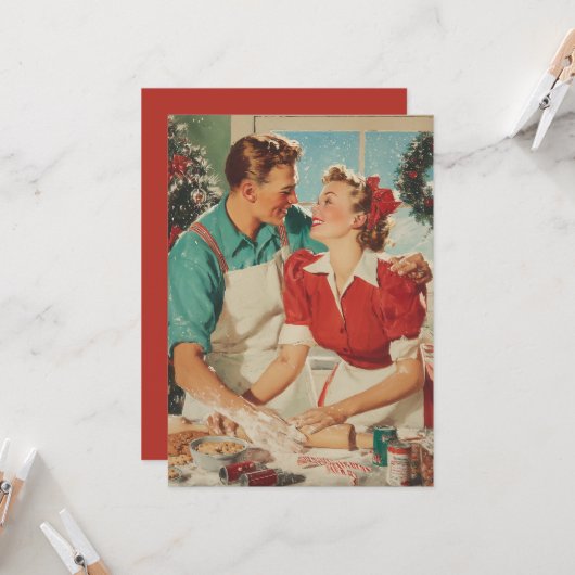 Retro Christmas Couple Baking Love カード (正面/裏面インサイチュ)