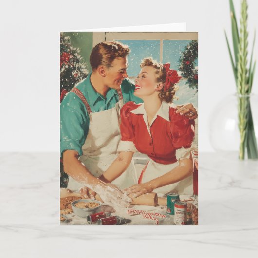 Retro Christmas Couple Baking Love カード (正面)