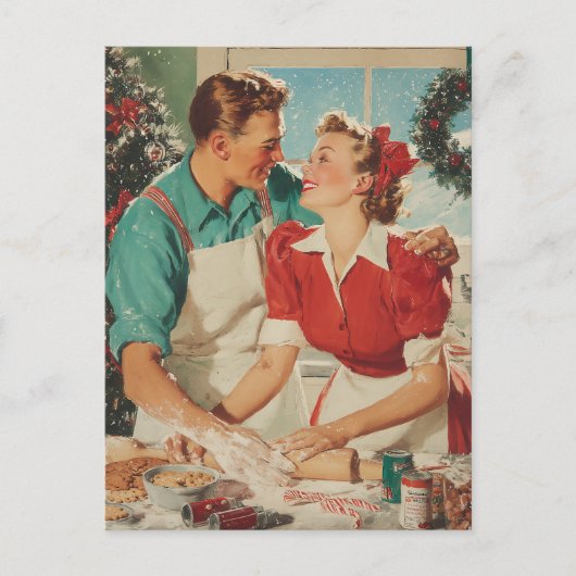 Retro Christmas Couple Baking Love シーズンポストカード (正面)