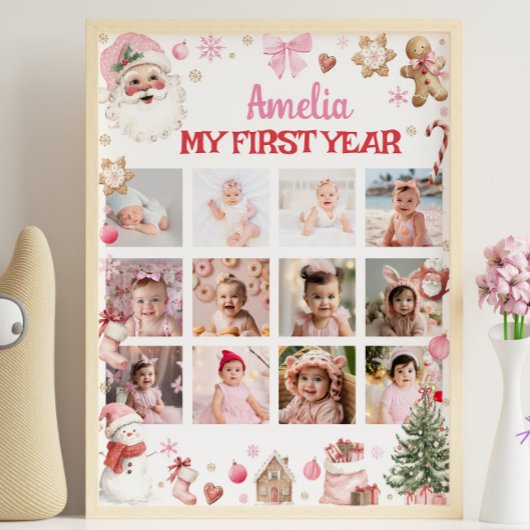 Retro Christmas First Year Photo Milestone Sign ポスター