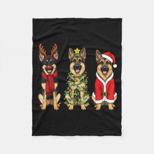 Retro Christmas German Shepherd Santa Reindeer Gsd フリースブランケット (正面)