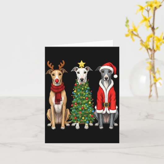 Retro Christmas Ghound Santa Reindeer Dog Lover  カード (黄色い花)