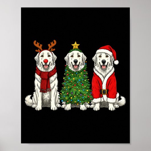 Retro Christmas Great Pyrenees Santa Reindeer Dog  ポスター (正面)