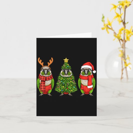 Retro Christmas Green Cheek Conure Parrot Santa Re カード (黄色い花)