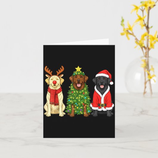 Retro Christmas Labrador Retriever Santa Reindeer  カード (黄色い花)