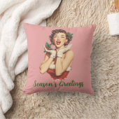 Retro Christmas Lady with Holly クッション (ブランケット)