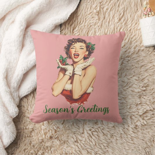 Retro Christmas Lady with Holly クッション (ブランケット)