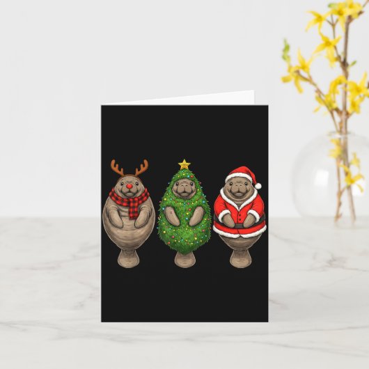 Retro Christmas Manatee Santa Reindeer  カード (黄色い花)
