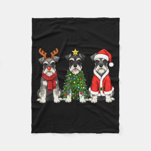 Retro Christmas Miniature Schnauzer Santa Reindeer フリースブランケット (正面)