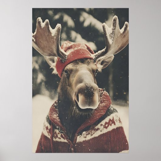 Retro Christmas Moose Art Print, Holiday Wall ポスター (正面)