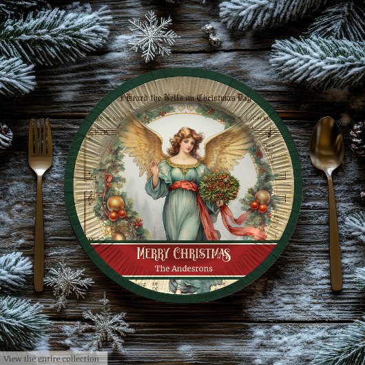 Retro Christmas Paper Plates Green Red Angel Decor ペーパープレート