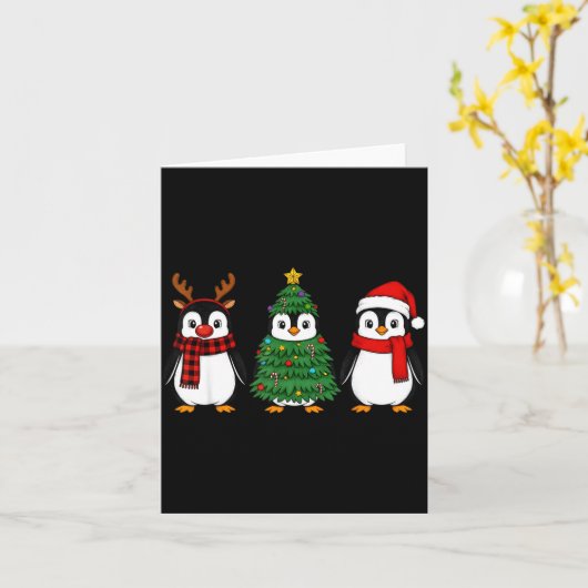 Retro Christmas Penguin Santa Reindeer  カード (黄色い花)