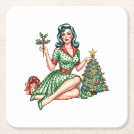 Retro Christmas Pin-Up Paper Coaster スクエアペーパーコースター