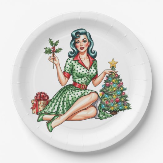 Retro Christmas Pin-Up Paper Plate ペーパープレート (正面)