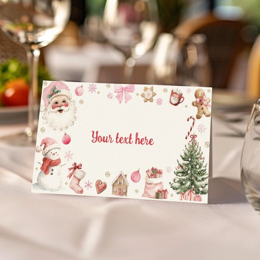 Retro Christmas Pink Santa Birthday Food Tent プレイスカード
