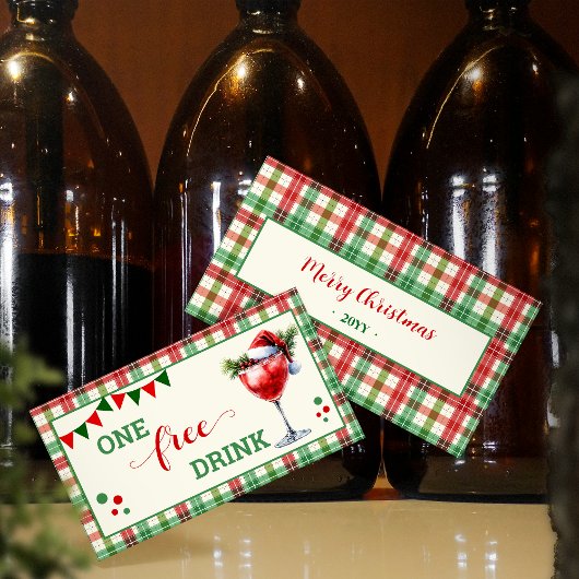 Retro Christmas Plaid Free Drink Party Ticket 割引カード