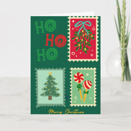 Retro Christmas Postage Card – Mistletoe, Tree & P カード