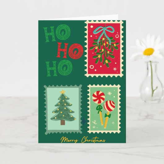 Retro Christmas Postage Card – Mistletoe, Tree & P カード (小さな植物)