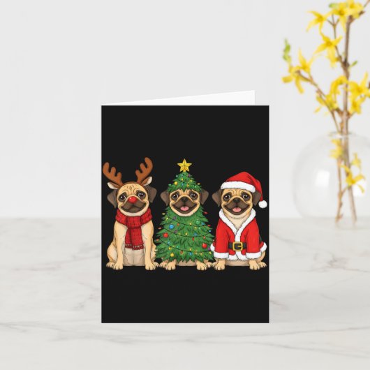 Retro Christmas Puggle Santa Reindeer Dog Lover  カード (黄色い花)
