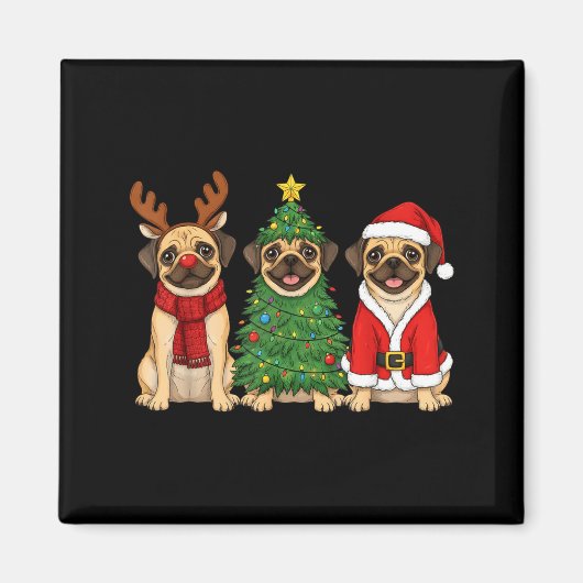 Retro Christmas Puggle Santa Reindeer Dog Lover マグネット (正面)