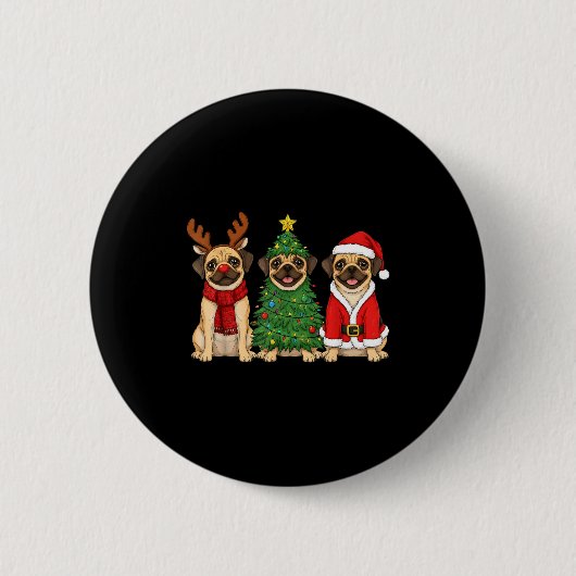 Retro Christmas Puggle Santa Reindeer Dog Lover  缶バッジ (正面)