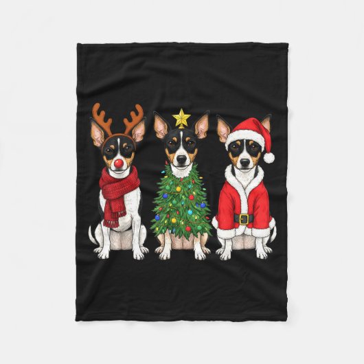Retro Christmas Rat Terrier Santa Reindeer Dog Lov フリースブランケット (正面)