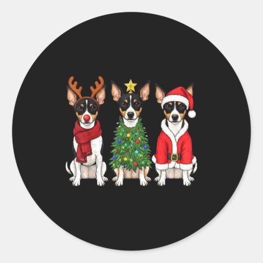 Retro Christmas Rat Terrier Santa Reindeer Dog Lov ラウンドシール (正面)
