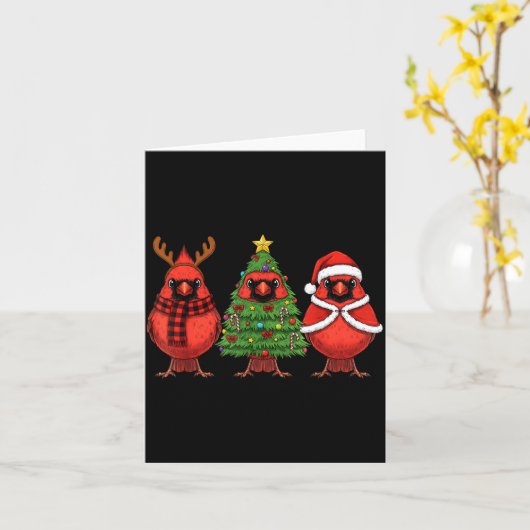 Retro Christmas Red Cardinal Bird Santa Reindeer  カード (黄色い花)