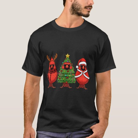 Retro Christmas Red Cardinal Bird Santa Reindeer  Tシャツ (正面)