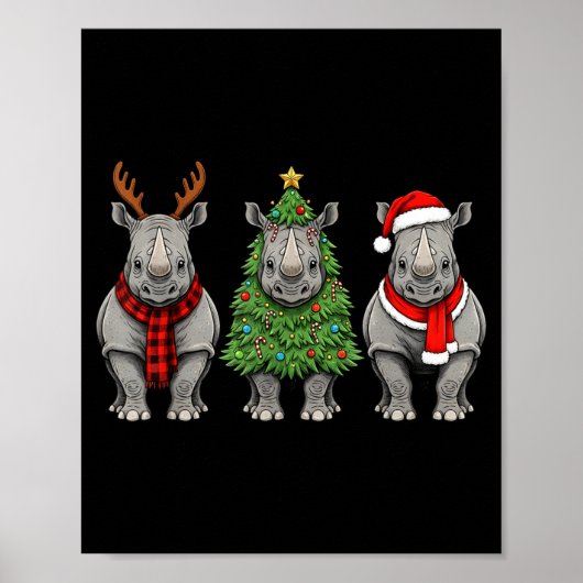 Retro Christmas Rhino Santa Reindeer Safari Animal ポスター (正面)