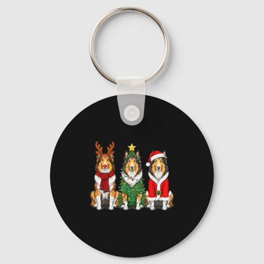 Retro Christmas Rough Collie Santa Reindeer Dog Lo キーホルダー (正面)