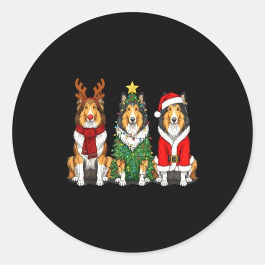 Retro Christmas Rough Collie Santa Reindeer Dog Lo ラウンドシール (正面)