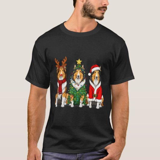 Retro Christmas Rough Collie Santa Reindeer Dog Lo Tシャツ (正面)