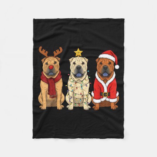 Retro Christmas Shar Pei Santa Reindeer Dog Lover フリースブランケット (正面)