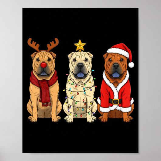 Retro Christmas Shar Pei Santa Reindeer Dog Lover  ポスター (正面)