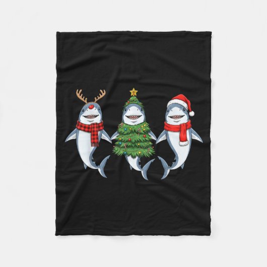 Retro Christmas Shark Santa Reindeer フリースブランケット (正面)