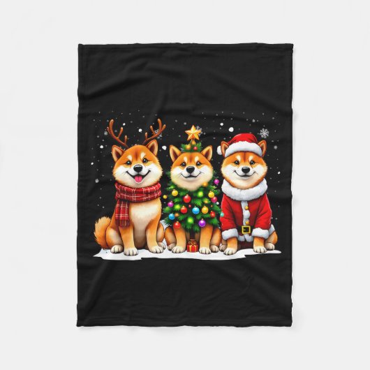 Retro Christmas Shiba Inu Santa Reindeer Dog Lover フリースブランケット (正面)