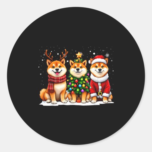 Retro Christmas Shiba Inu Santa Reindeer Dog Lover ラウンドシール (正面)