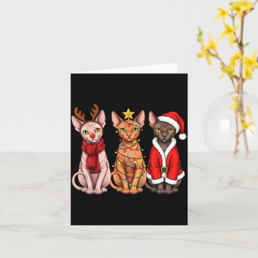 Retro Christmas Sphynx Cat Santa Reindeer  カード (黄色い花)