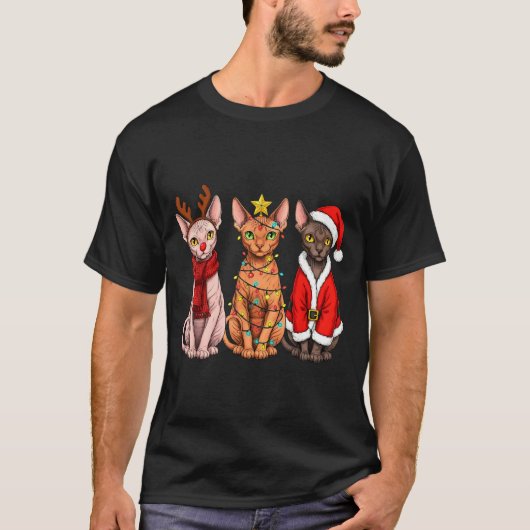 Retro Christmas Sphynx Cat Santa Reindeer Tシャツ (正面)