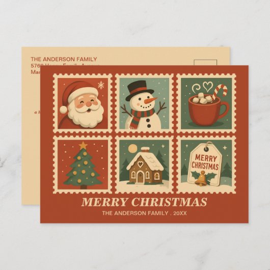Retro Christmas Stamp Collage シーズンポストカード (正面/裏面)
