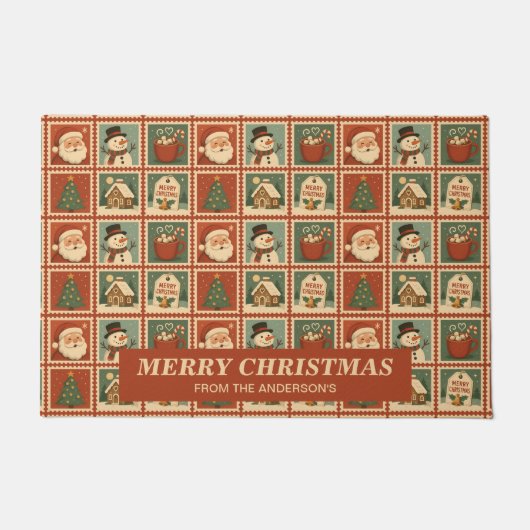 Retro Christmas Stamp Collage Personalized ドアマット (正面)