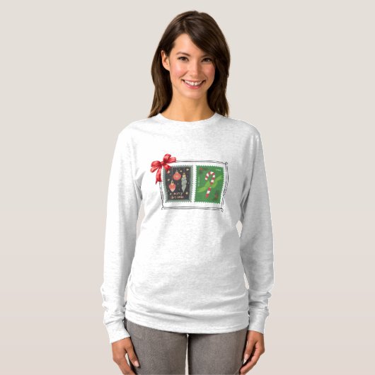 Retro Christmas Stamps Long Sleeve T-Shirt Tシャツ (正面フル)