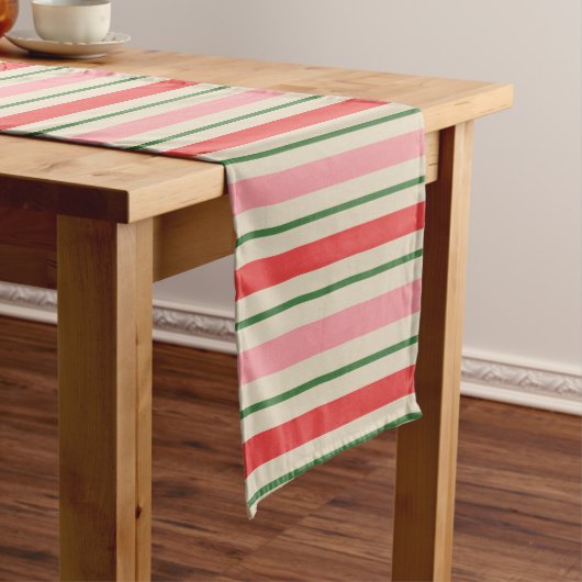 Retro Christmas Stripes Pattern Pink Red Green ショートテーブルランナー (インサイチュ)