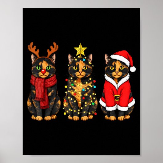 Retro Christmas Tortoiseshell Cat Santa Reindeer  ポスター (正面)