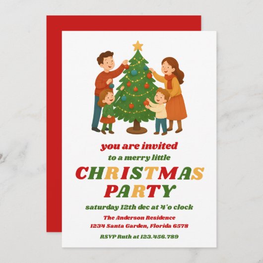 Retro Christmas Tree Editable Holiday Party 招待状 (正面/裏面)