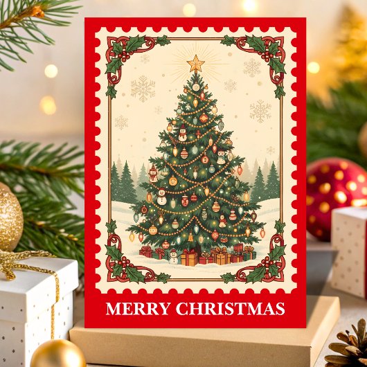 Retro Christmas Tree Postage Stamp シーズンカード