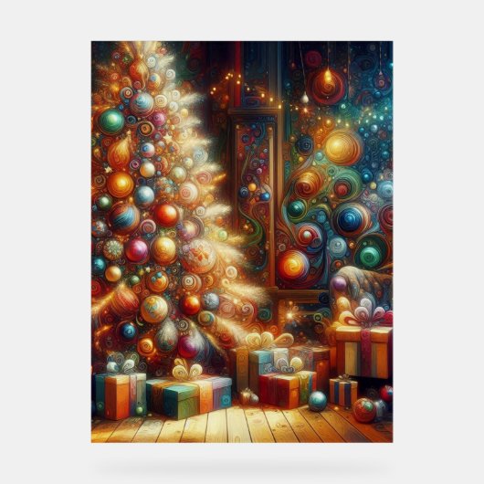 Retro Christmas Tree With Presents Underneath Wall アクリルサイン (正面)