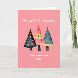 Retro Christmas Trees Pink Folded Holiday Card シーズンカード